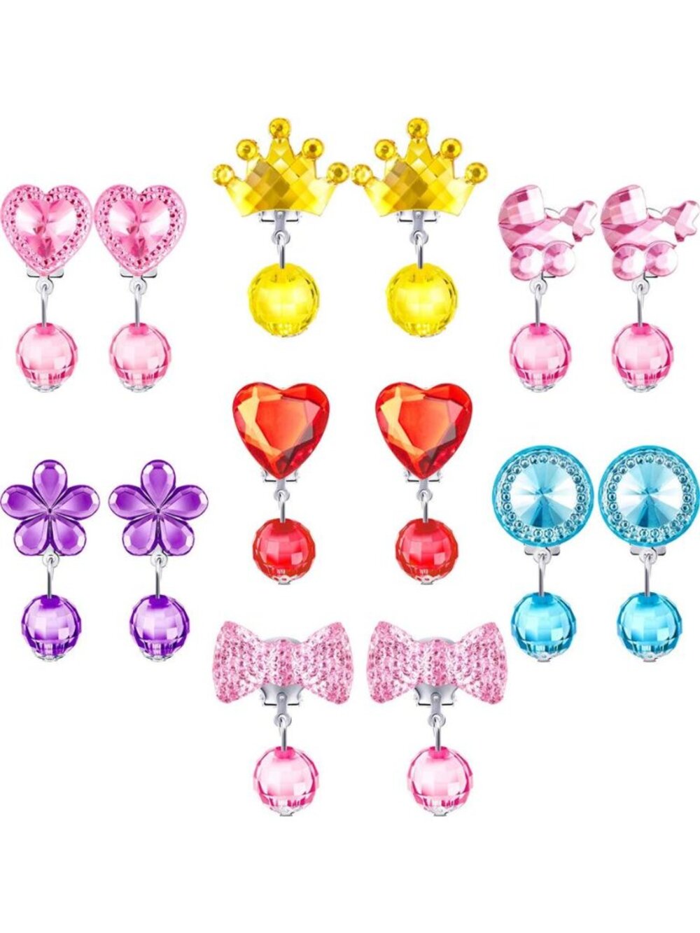 Hicarer 7 Pairs Girls Clip on Earrings Crystal Drop 1.5 - 2 cm, Pink